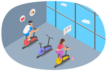 3D Isometric Flat  Conceptual Illustration of Cycling, Spinning Exercise
