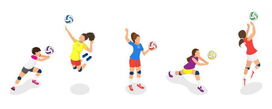 3D Isometric Flat  Set of Volleyball Players, Team Sports Game