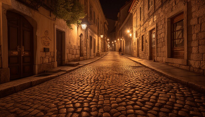 Obraz premium Ancient city streets illuminate history with old fashioned lanterns at dusk generated by AI