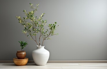 A solitary houseplant perches in an indoor pottery jar, bringing life to a room with its delicate ikebana arrangement of flowers and branches against a bare wall