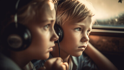 Two cute Caucasian children sitting indoors, listening to headphones, smiling generated by AI