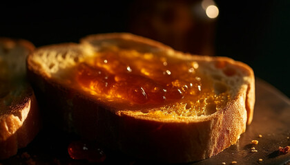 Freshly baked bread with a sweet fruit spread, a gourmet snack generated by AI - obrazy, fototapety, plakaty