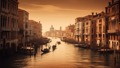 Sunset over the Venetian canal, a majestic cityscape illuminated at dusk generated by AI - obrazy, fototapety, plakaty