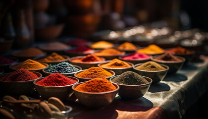 Multi colored spices in a row, selling at an Indian spice store generated by AI