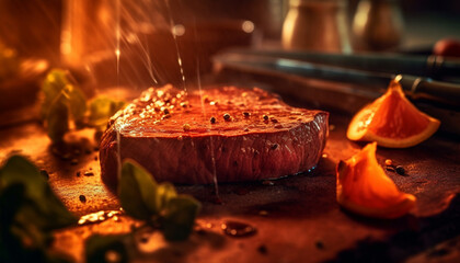 Grilled steak, barbecue flame, gourmet meal, cooked rare, rustic background generated by AI