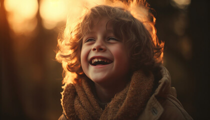 Smiling child enjoys nature, warmth, and playful autumn sunset outdoors generated by AI