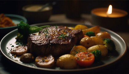 Grilled steak, cooked to perfection, served with fresh vegetables generated by AI