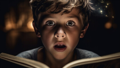 A cute Caucasian boy reading a book, looking at camera generated by AI