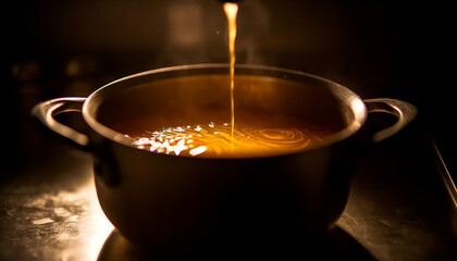 Hot coffee pouring into a mug, steam rising, dark background generated by AI