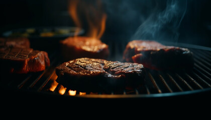 Grilled meat on a barbecue, flame, smoke, and natural freshness generated by AI