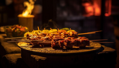 Grilled skewers of meat on fire, a delicious barbecue feast generated by AI