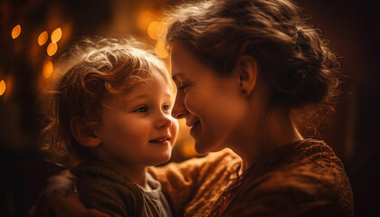 Smiling child embraces mother, family love creates happiness and togetherness generated by AI