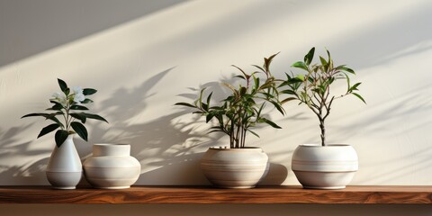 A peaceful indoor still life of white ceramic houseplants adorning a wall shelf, adding a touch of nature and tranquility to the space