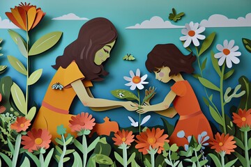 A mother and daughter planting flowers together in their backyard garden Mother & Daughter Gardening Planting Flowers