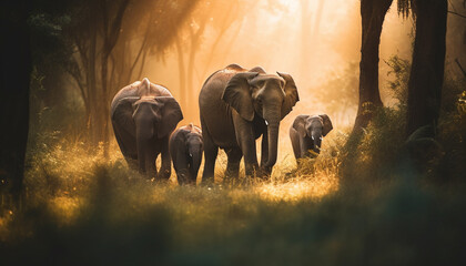 Elephant family walks through the African savannah at sunset generated by AI