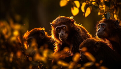 Cute monkey sitting on tree, looking at sunset in Africa generated by AI