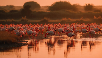 Nature beauty reflected in a tranquil sunset over African wildlife generated by AI