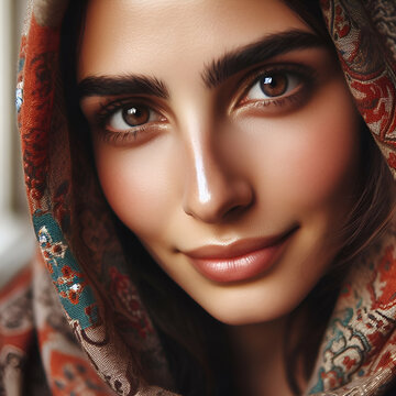 Close-up Portrait Modern Stylish Happy Young Smiling Professional Middle Eastern Arab Saudi Emerates Persian Iranian Oriental Muslim Woman Beautiful Eyes Colorful Veiled Headscarf Scarf Welcome Face