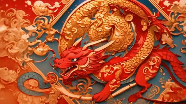 an animated background footage of the chinese lunar zodiac and dragon in a cartoon style for festive occasions