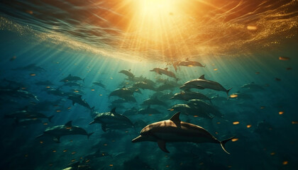 Fototapeta na wymiar Underwater adventure fish, dolphin, turtle, scuba diving, snorkeling, sea life generated by AI