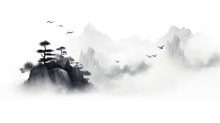 chinese ink painting of mountains with fog, ai