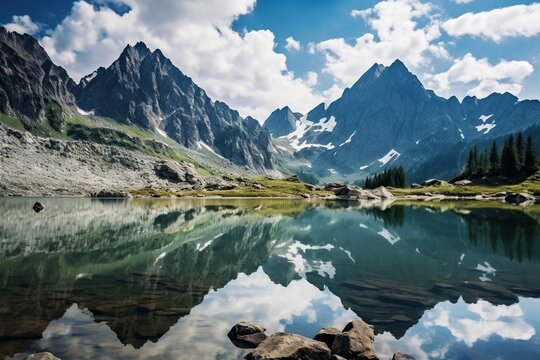 Mountains reflection on lake shore
