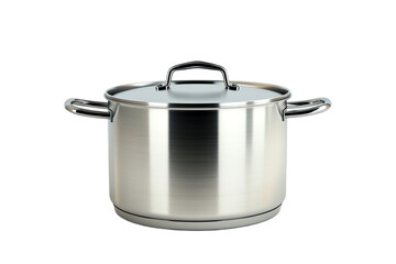 Stainless Steel Pan and Pot with Lid, Isolated Kitchen Cookware Utensil in Shiny White Setting