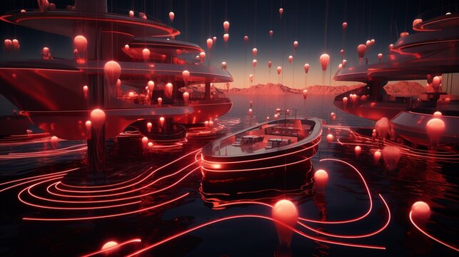 Craft an image of a superyacht navigating through a maze of glowing buoys in a futuristic marina.