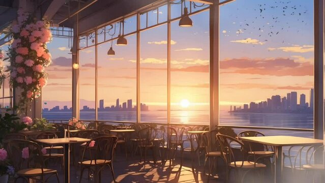 Cafe vibes with sunset view, Anime illustration style. smooth looping time-lapse 4k animation video background
