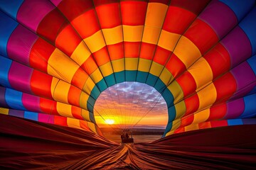 Colorful hot air balloon at sunrise inflating