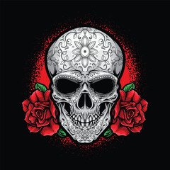 sugar skull with red roses illustration