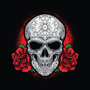 sugar skull with red roses illustration