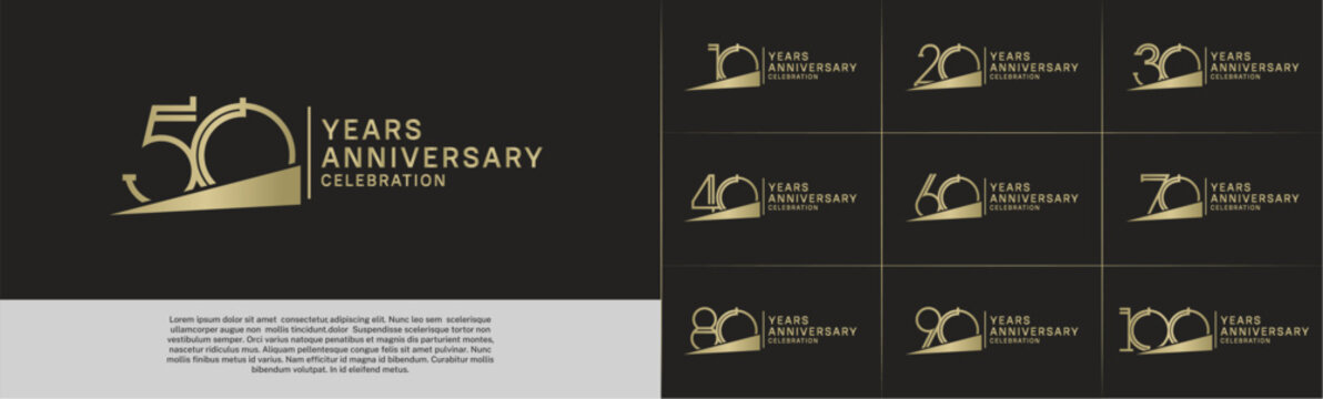 set of anniversary logotype gold color with golden ribbon for special celebration event