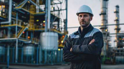 Confident engineer with arms crossed in industrial setting