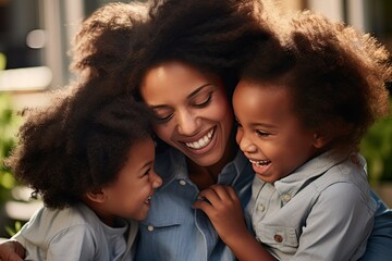 Mother and two daughters smiling happily