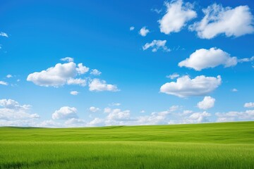 A serene and picturesque scene featuring lush green grass against a backdrop of a clear blue sky adorned with fluffy white clouds