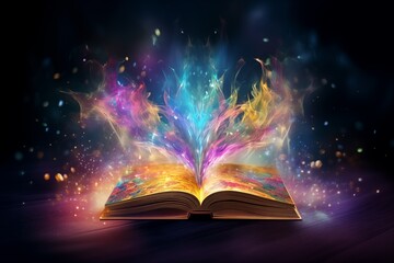 Open a magical old book with rainbow sparkles