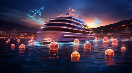 Craft an image of a superyacht navigating through a maze of glowing buoys in a futuristic marina.
