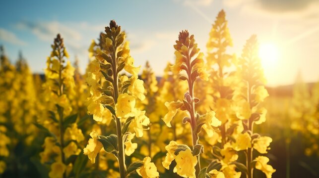 Mullein flowers bloom in an explosion of delicate colors. In a sun-drenched field a composition of mullein flowers with soft petals in singular beauty.