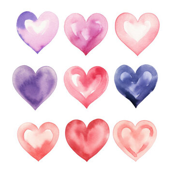 Watercolor hearts in different colors. Set of illustrations for Valentines day, love images, greeting. 