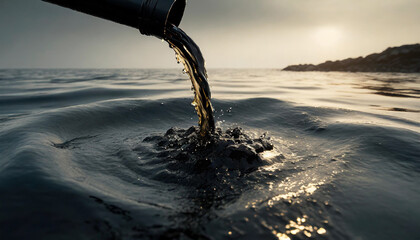 Wastewater flowing into the ocean, crude oil, pollution, close-up