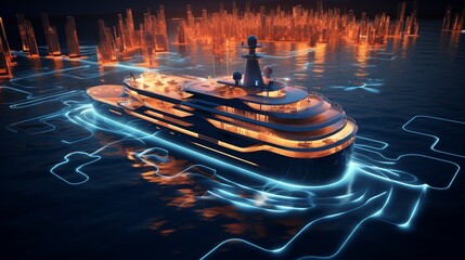 Craft an image of a superyacht navigating through a maze of glowing buoys in a futuristic marina. - obrazy, fototapety, plakaty