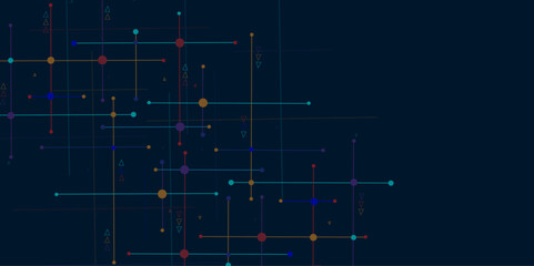 Digital technology blue background. Network technology and Connection concept.  Circuit connects lines and dots. Decentralized network nodes connections.