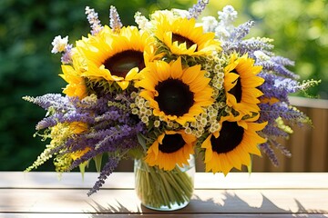 Arrangement of sunflowers in window