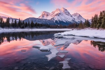Peaceful sunset in snowy landscape