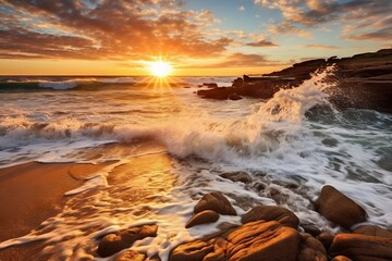 Sunrise on rocky beach