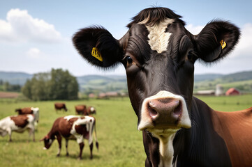 A herd of cattle grazing on the fields of a commercial farmland as a cow with electronic ear tag looks on. Livestock of cows and cattle on a farm are being bred for the production of milk and meat.