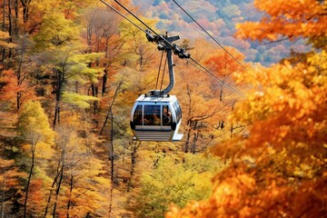 Cable car descending through trees in autumn