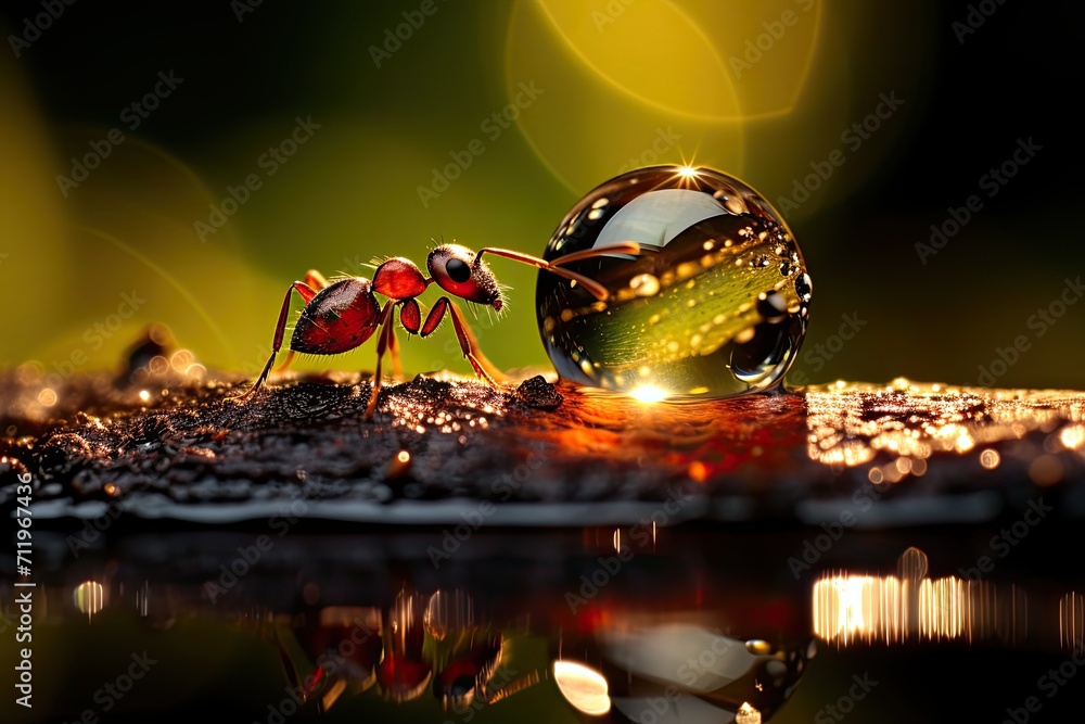 Poster Ant with water drop in a leaf macro photography