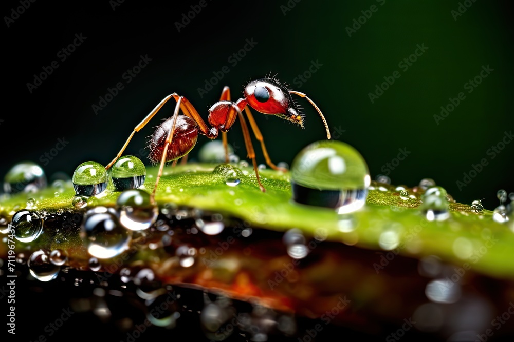 Poster Ant with water drop in a leaf macro photography